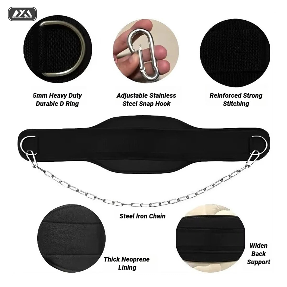 Weight Lifting Dip Belt Neoprene Back Gym Belt with Chain for Fitness Bodybuilding Pull up Strength Training Load Waist Strap