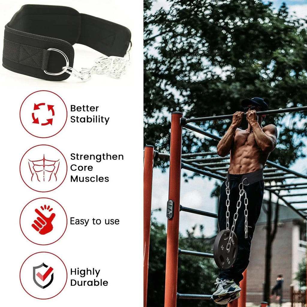 Weight Lifting Dip Belt Neoprene Back Gym Belt with Chain for Fitness Bodybuilding Pull up Strength Training Load Waist Strap